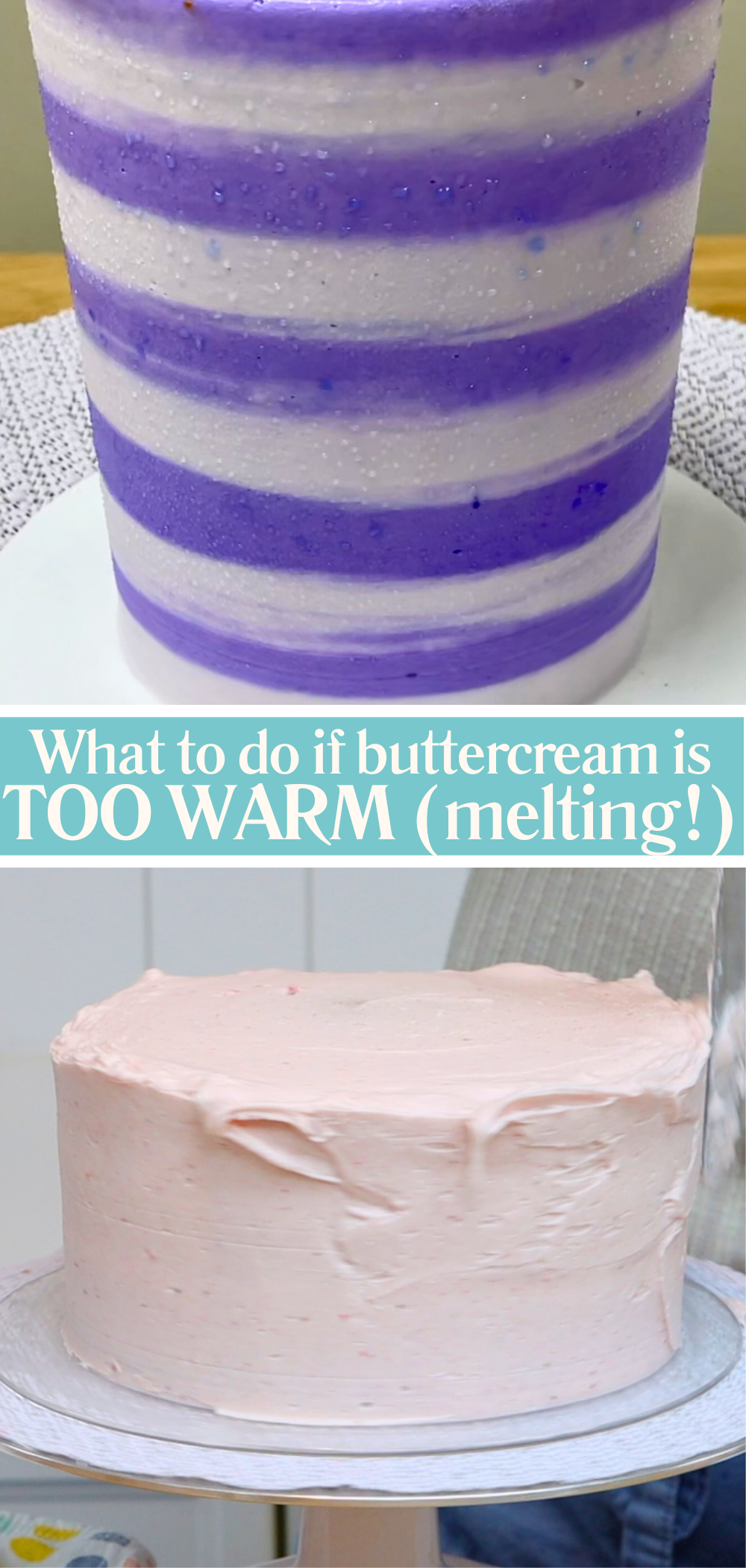 Buttercream frosting sliding off the sides of a cake