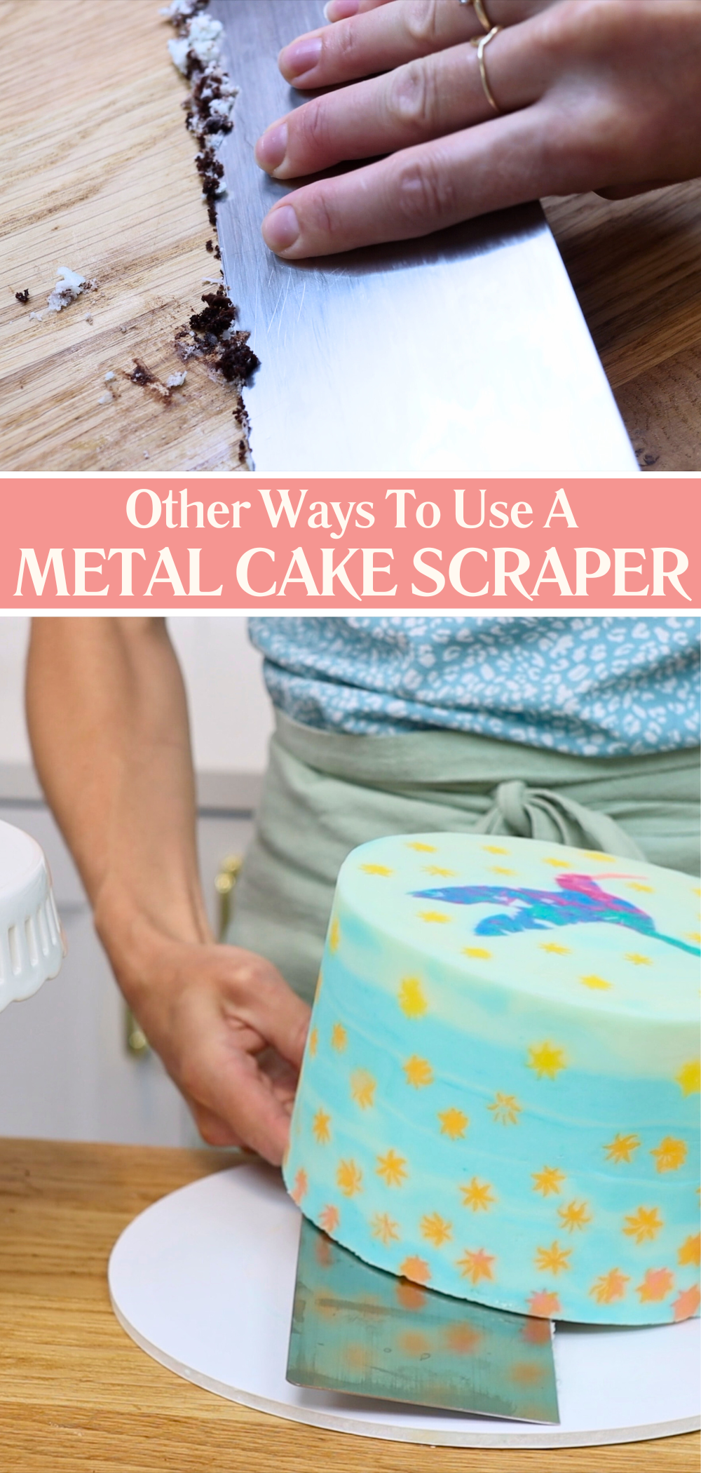 Using a metal cake scraper for cleaning surfaces and transferring cakes to a stand