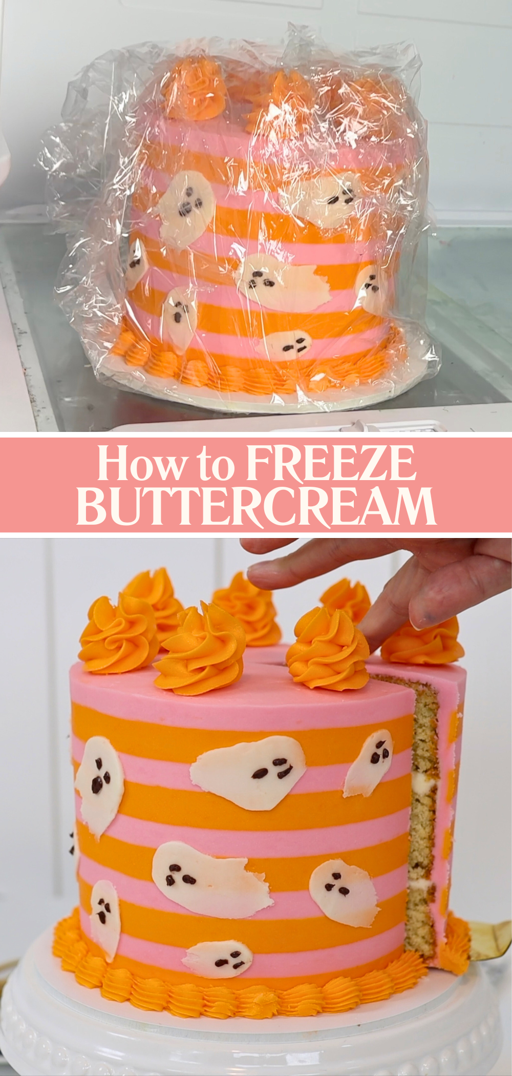 Frozen decorated cake being thawed to serve