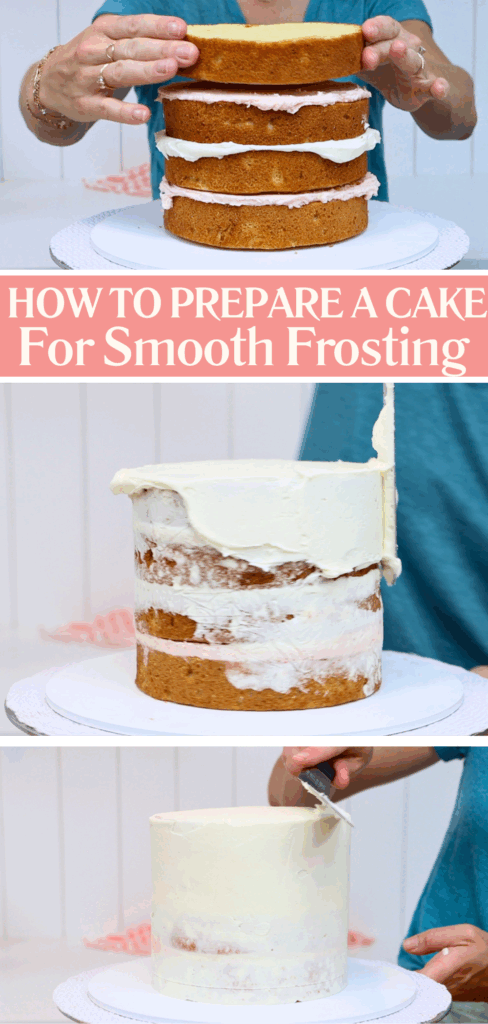 Preparing a cake with straight layers and a crumb coat for smoothing with a metal cake scraper