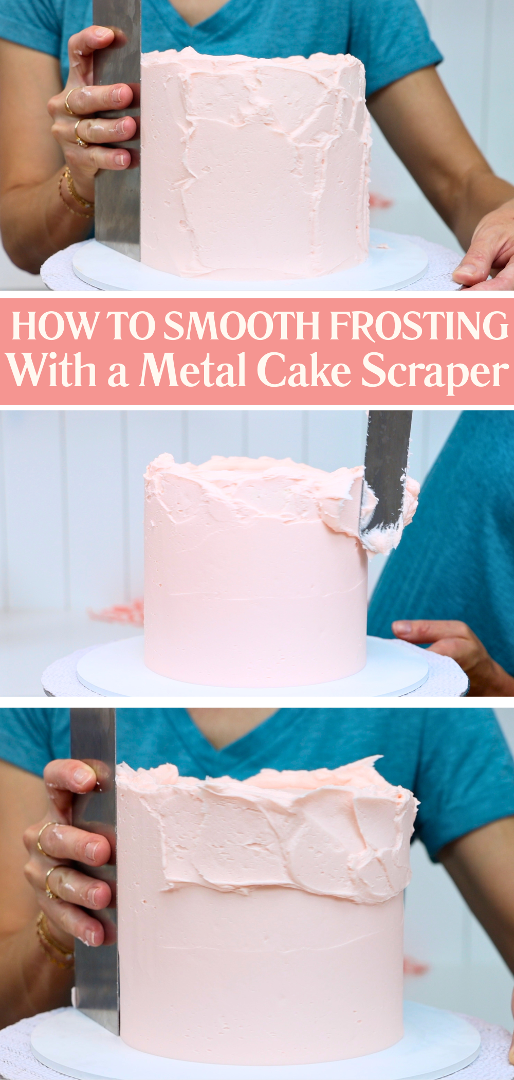 Using a metal cake scraper to smooth buttercream frosting by scraping and filling shallow areas