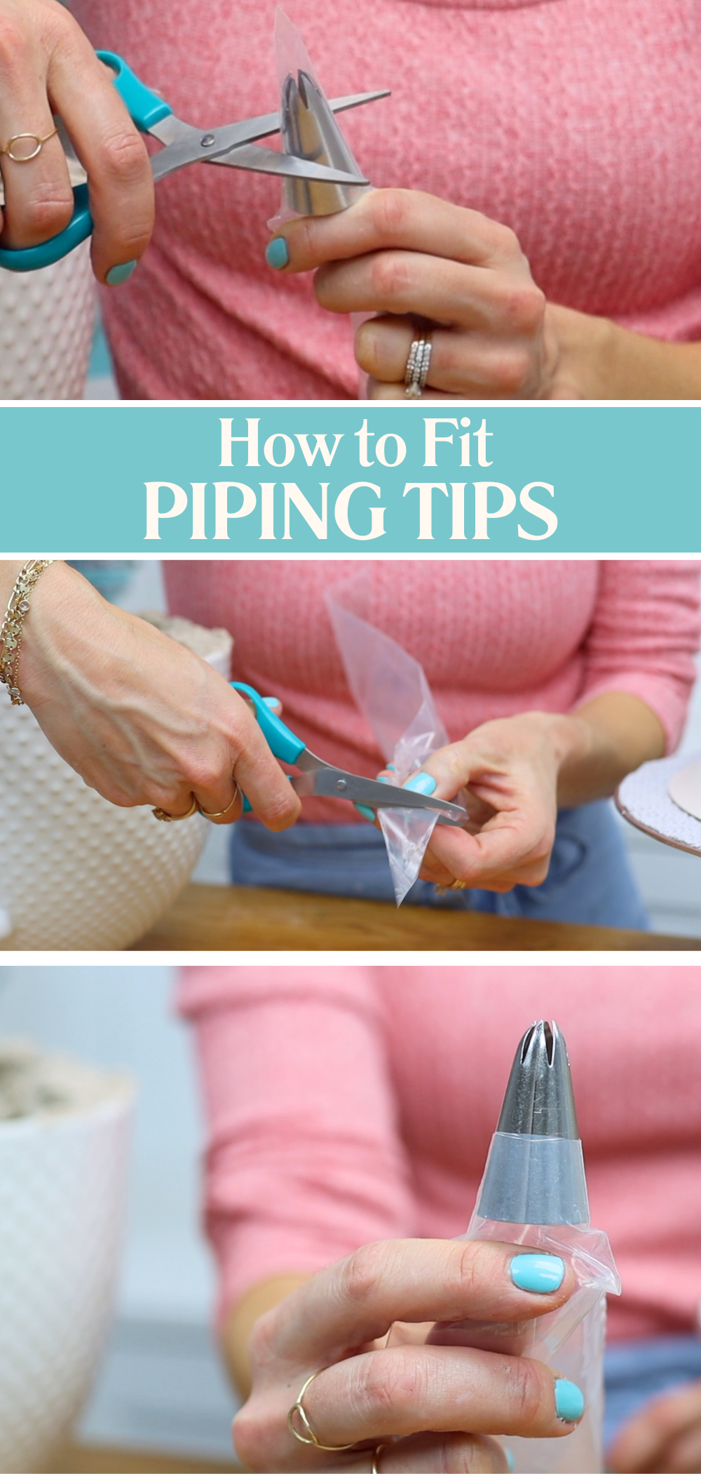 Piping tip fitted securely inside a piping bag to prevent bursts
