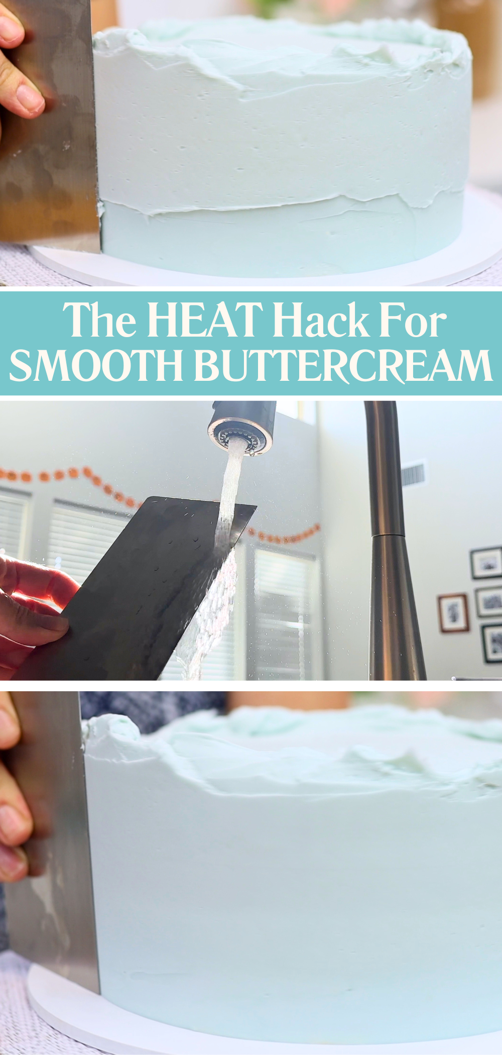 Smoothing buttercream frosting using a hot cake scraper