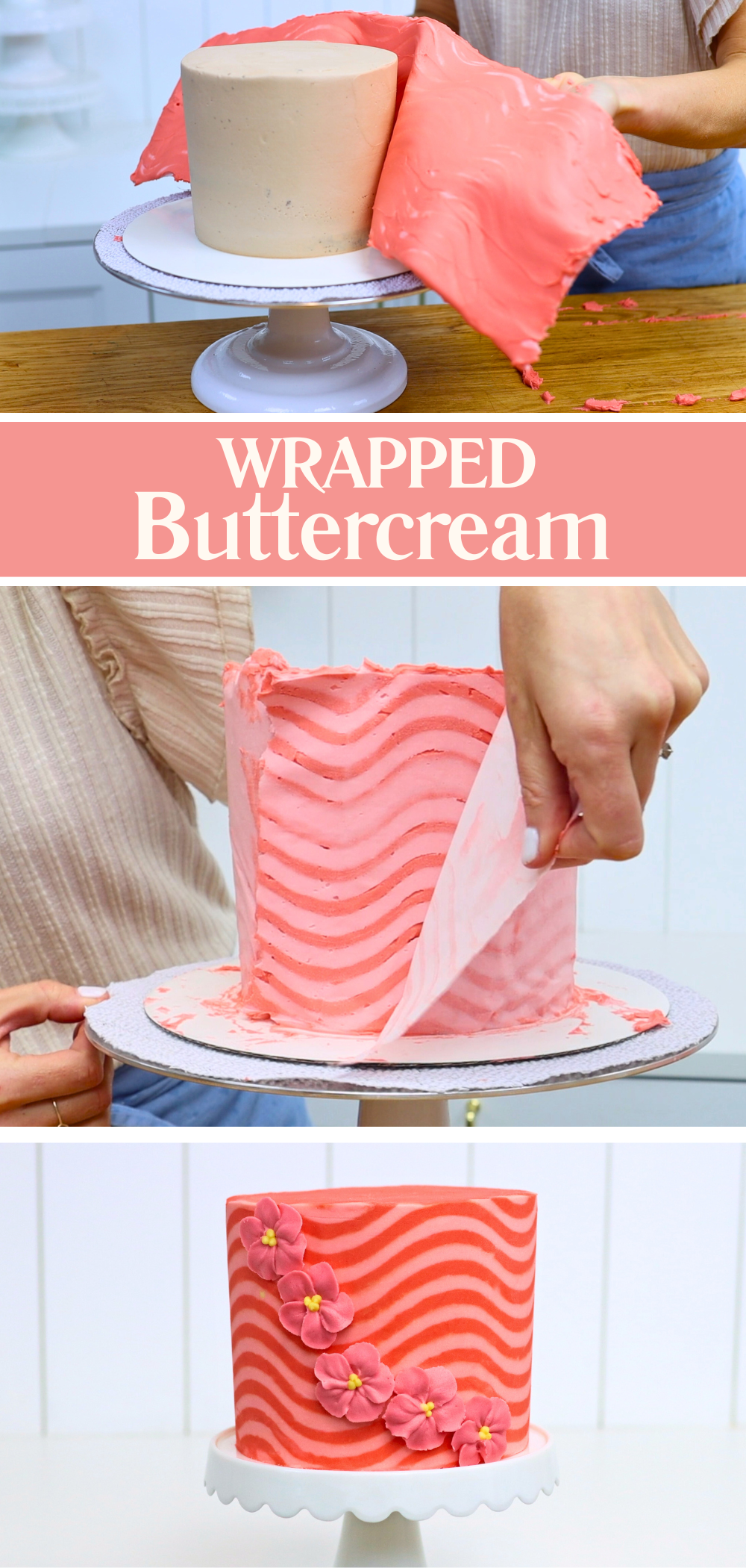 Wrapped buttercream cake technique using parchment paper to transfer buttercream designs onto a chilled cake