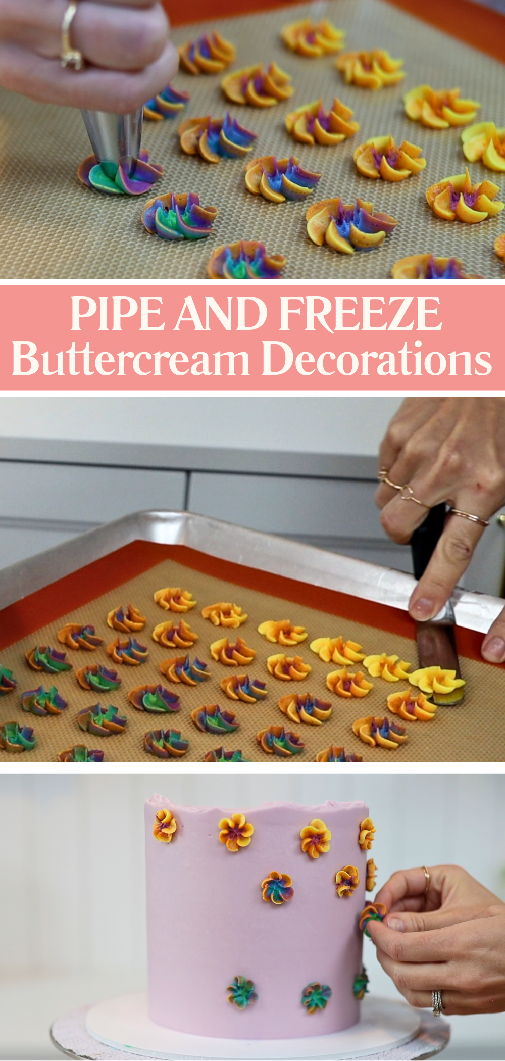 Piped buttercream decorations frozen and then added to a cake, showing creative things to do with buttercream for cake decorating