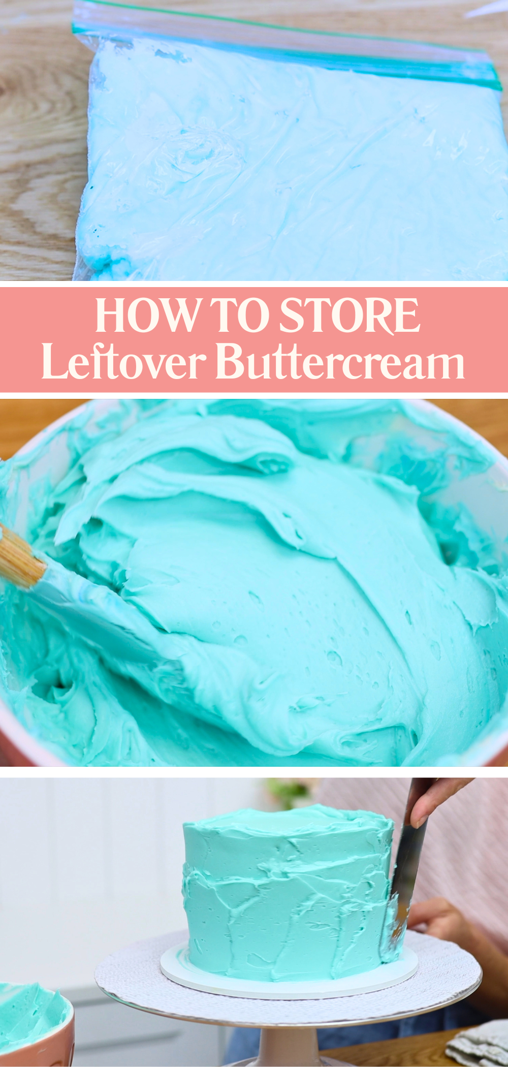 Storing leftover buttercream in containers for freezing and thawing to reuse later, showing practical things to do with buttercream