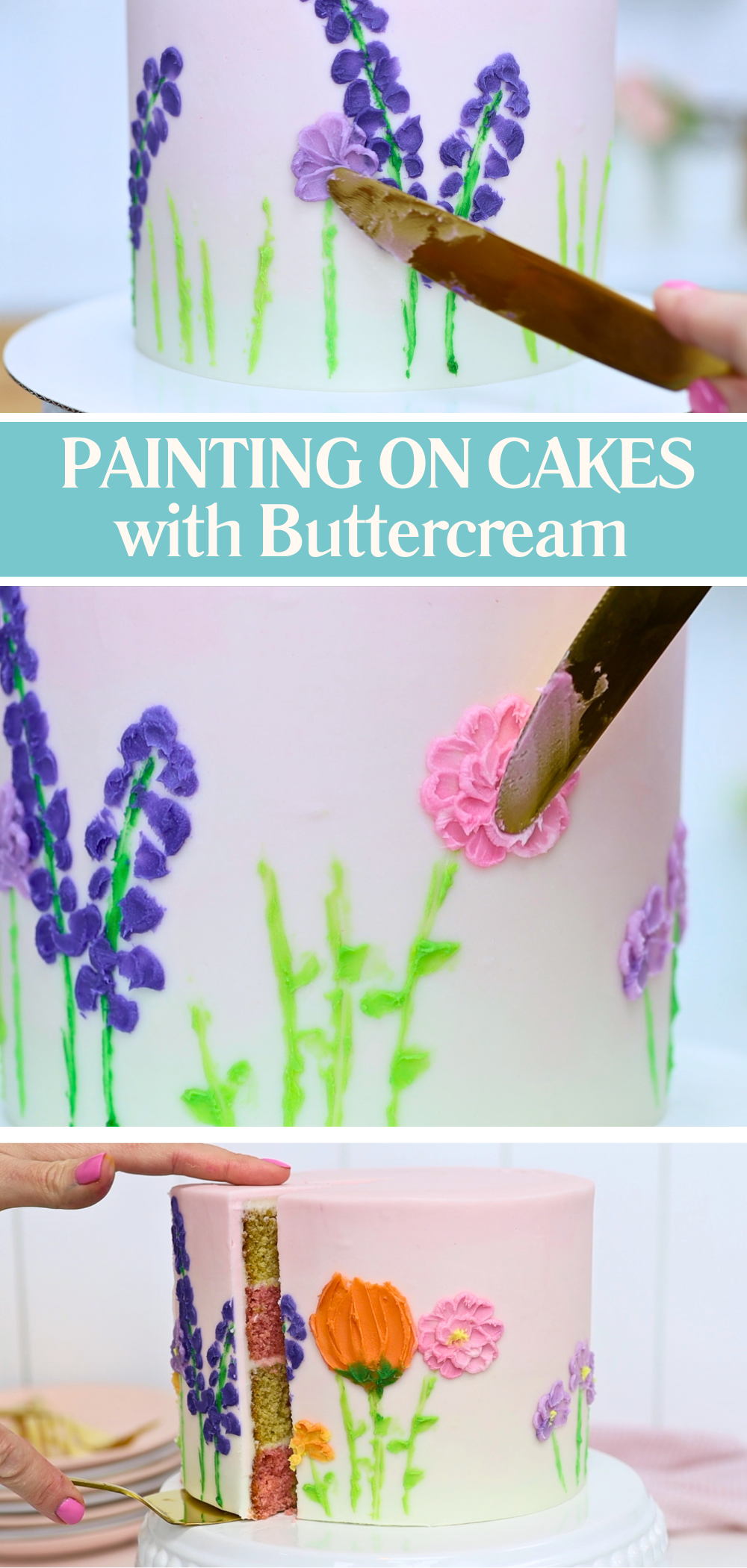 Cake decorated with painted buttercream using utensils for an artistic design