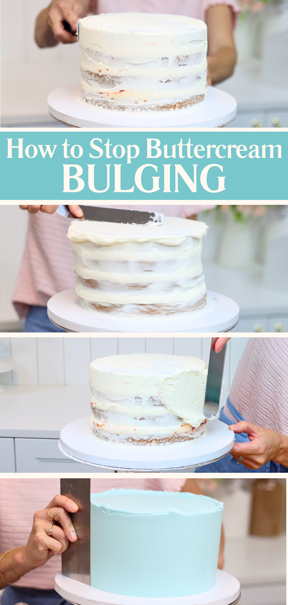 Chill cakes to stop buttercream bulging after layering and before final coat
