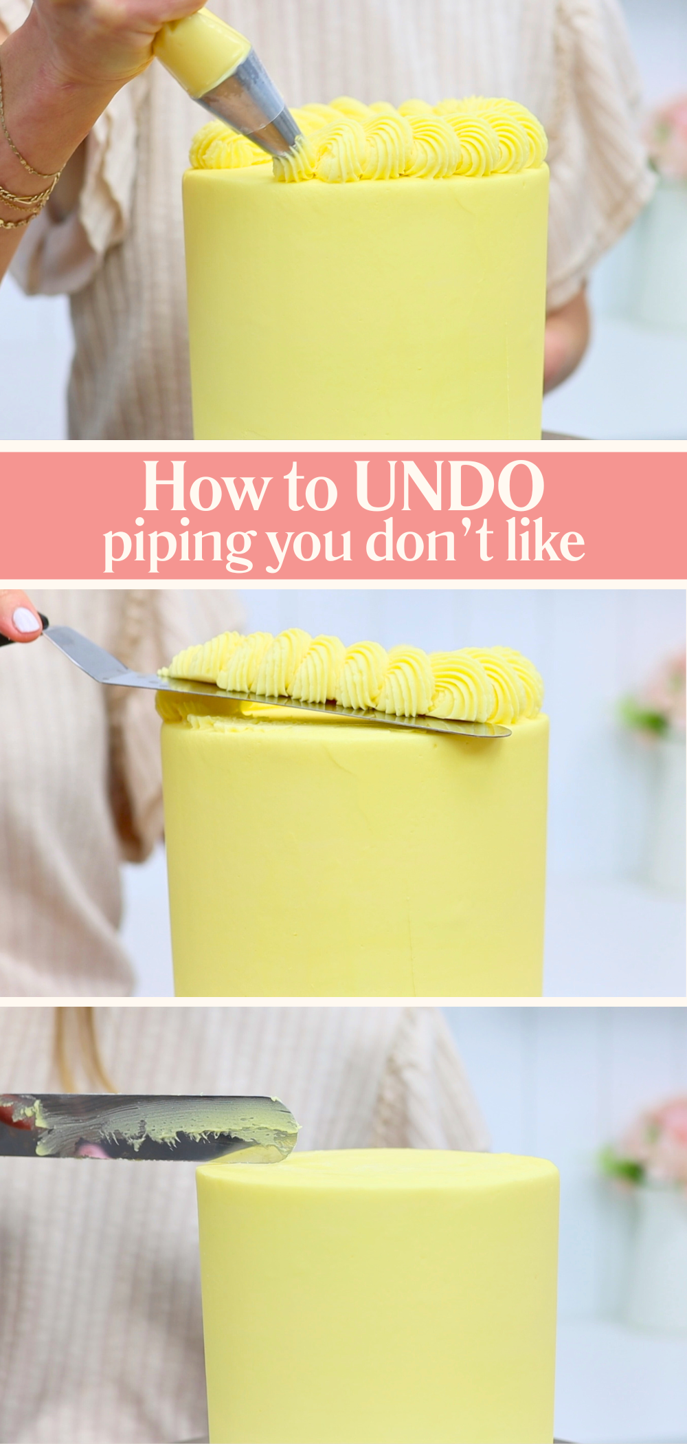 Piped border being scraped off a chilled buttercream cake