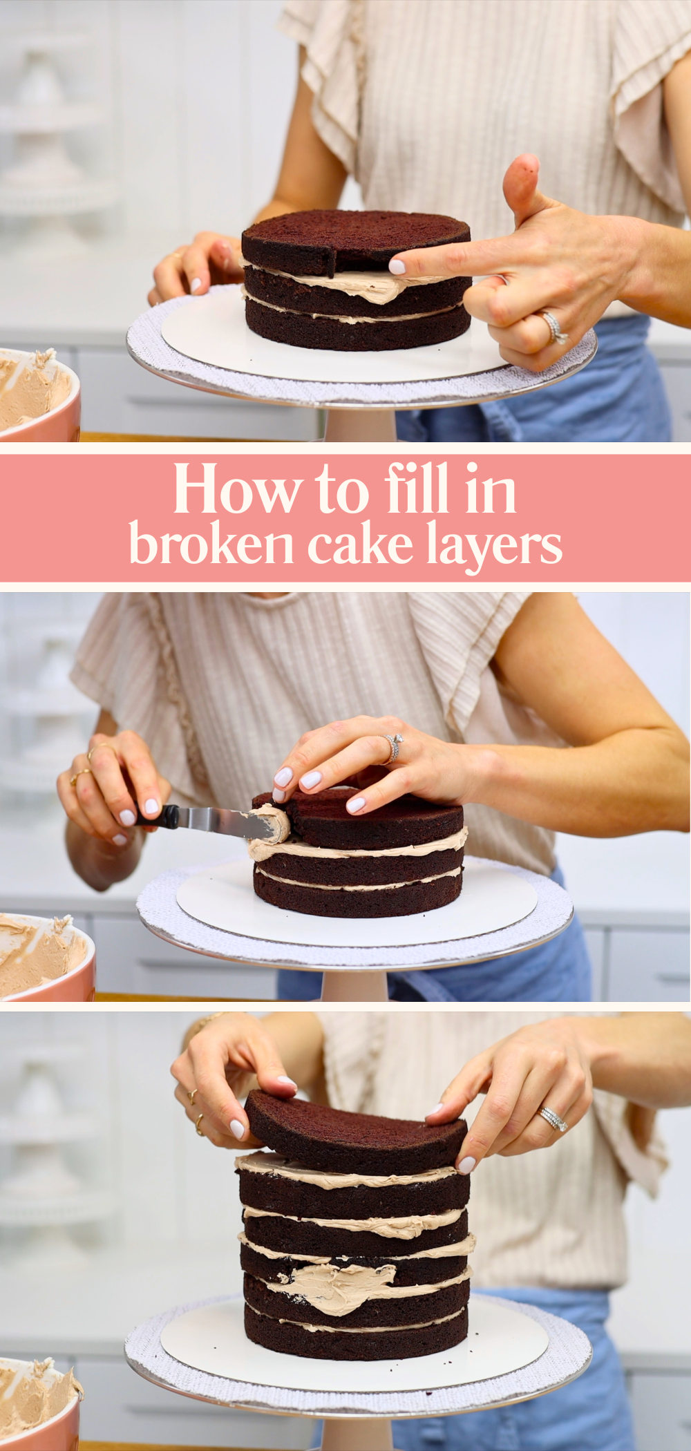 Broken cake layer being patched with buttercream before stacking