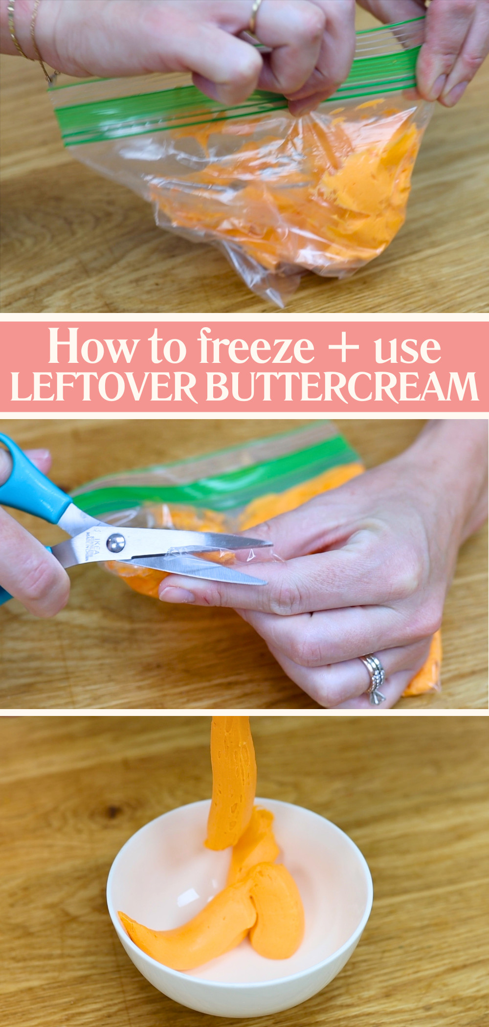 Buttercream stored in a ziplock bag, frozen and thawed for later use