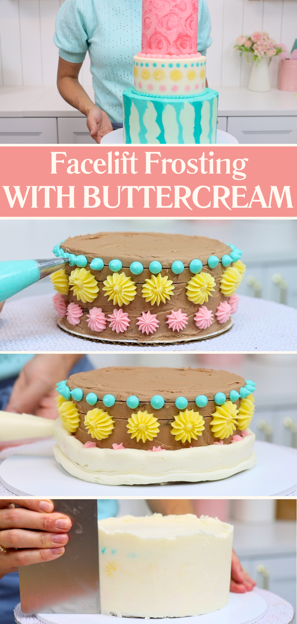 Facelift frosting technique showing frozen layers of buttercream revealed by scraping with a hot cake comb