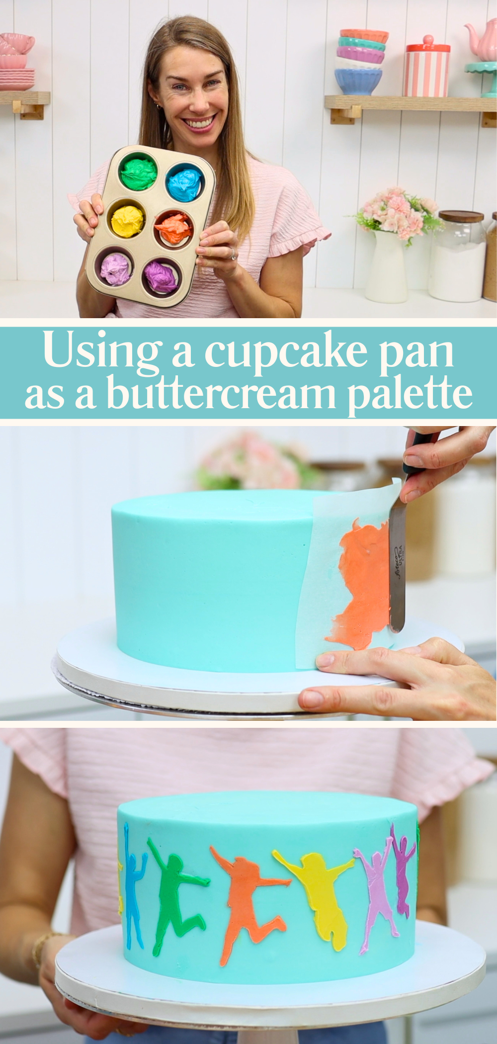 Colours of buttercream mixed in a cupcake pan for easy clean-up for cake decorating