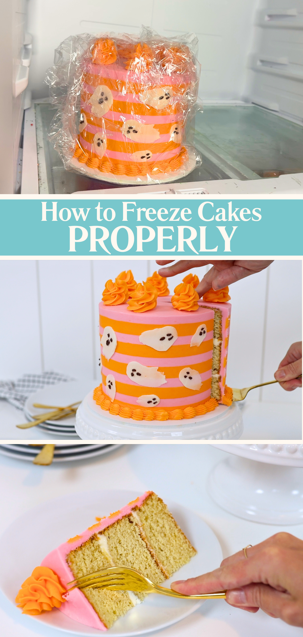Frosted cake wrapped in cling film and placed in the freezer
