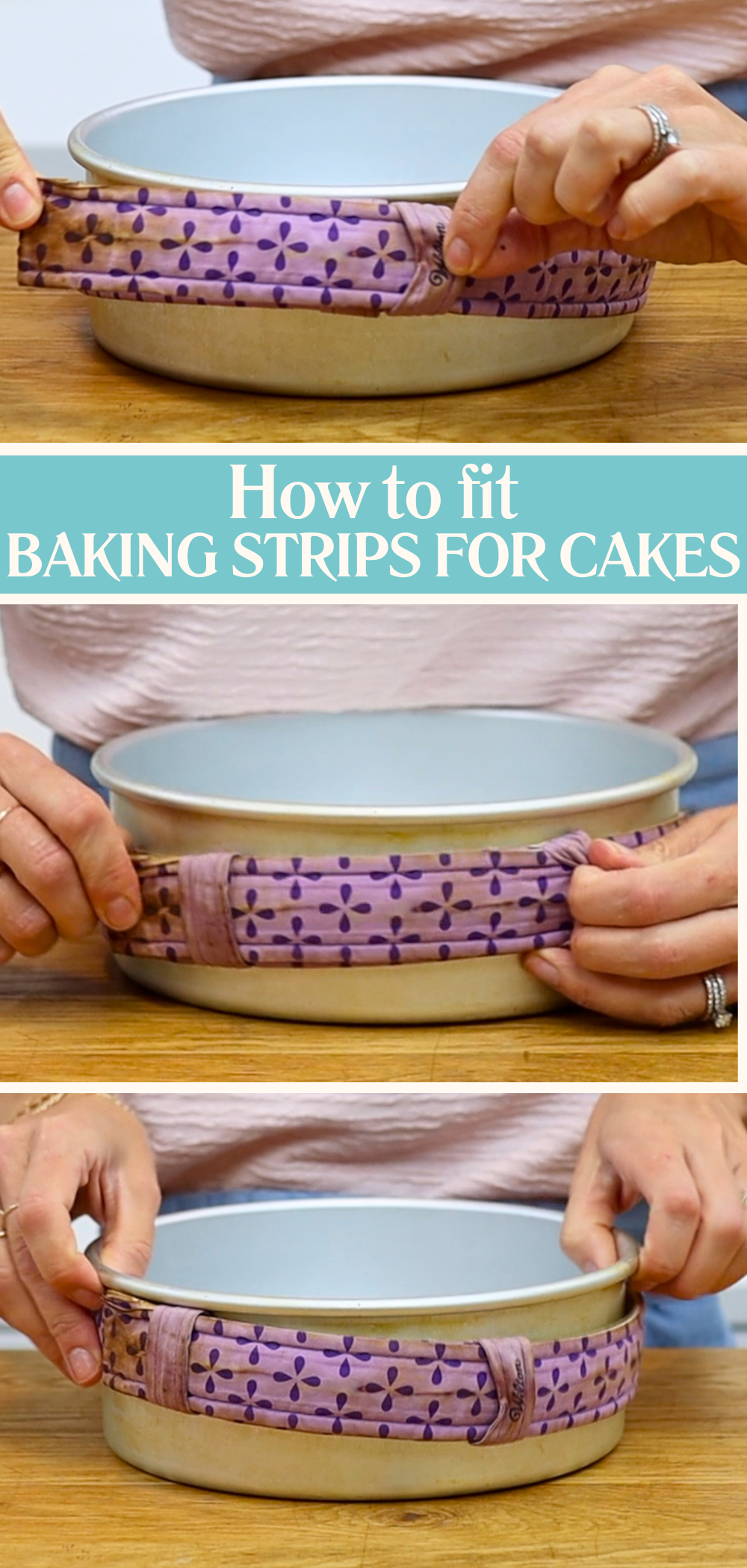 Fitting baking strips for cakes around a round cake pan