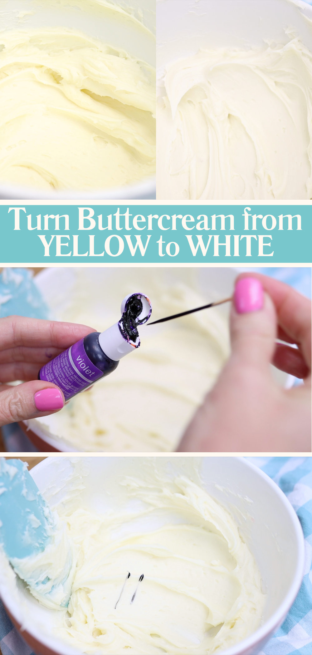 Making white buttercream by adding a touch of violet to yellow buttercream