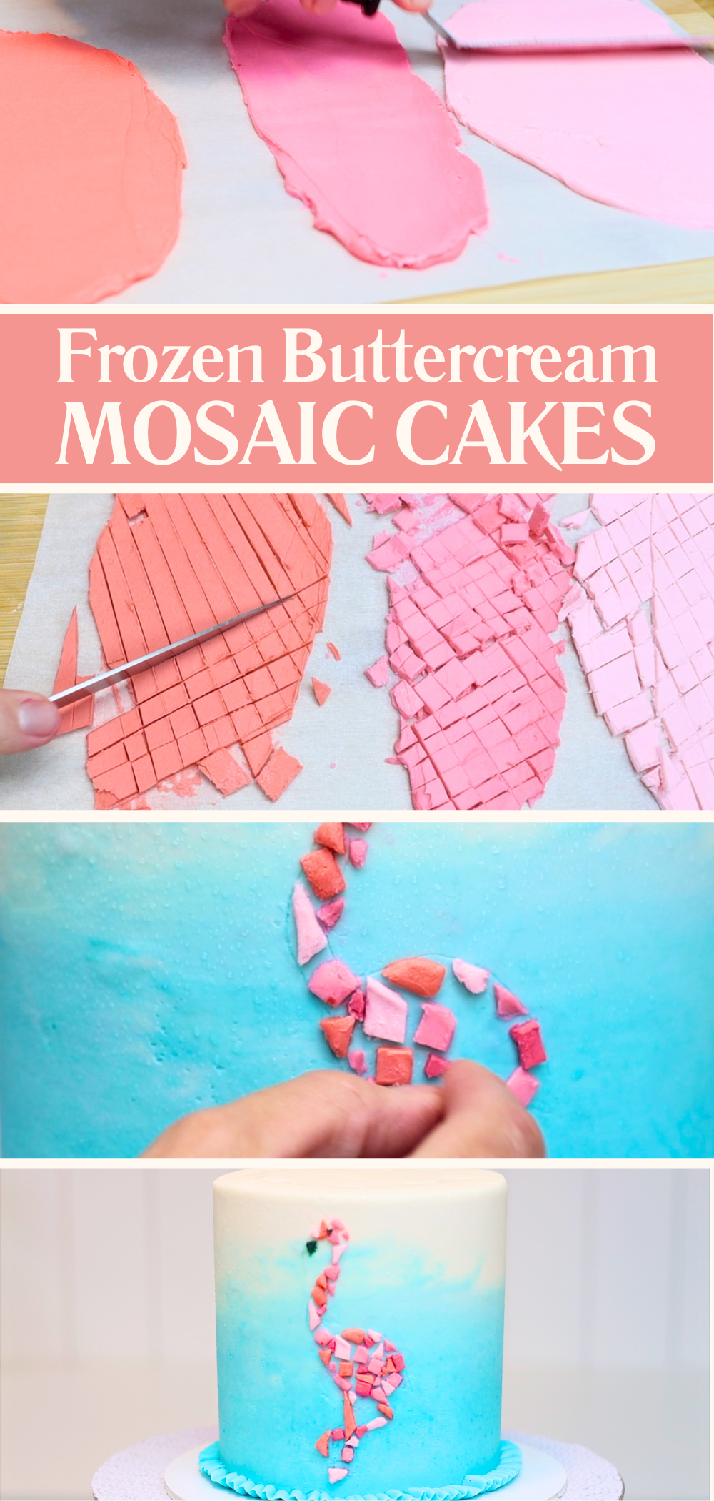 Frozen buttercream mosaic with colourful triangles arranged into a cake design