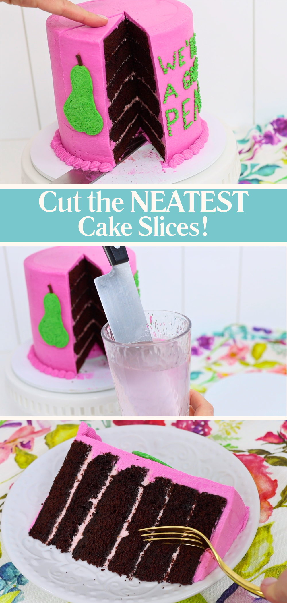 A knife slicing through a chilled cake with clean layers
