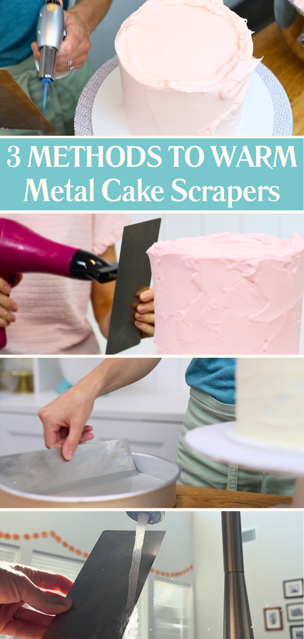 Three methods for warming a metal cake comb: blowtorch, hair dryer, and hot water