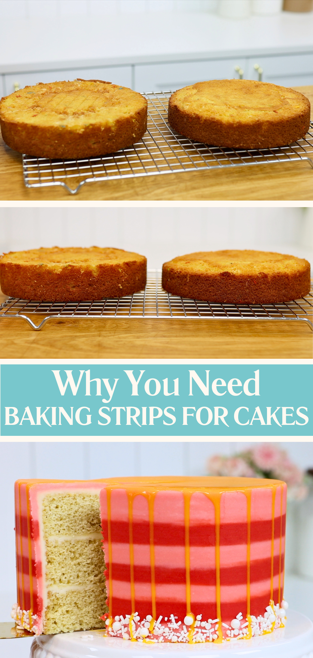 Side-by-side cakes showing difference with and without baking strips for cakes