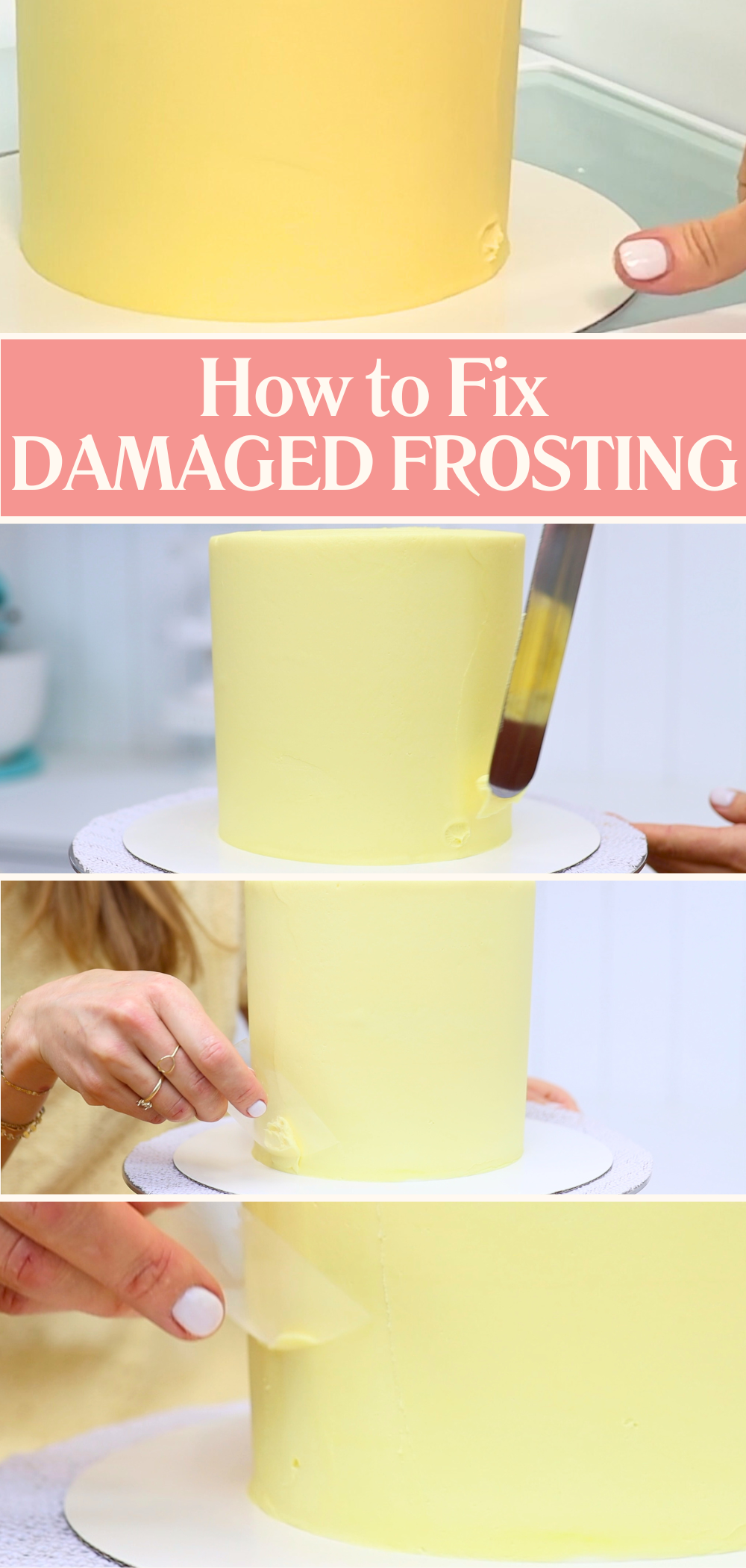 Repairing a dented buttercream cake with acetate