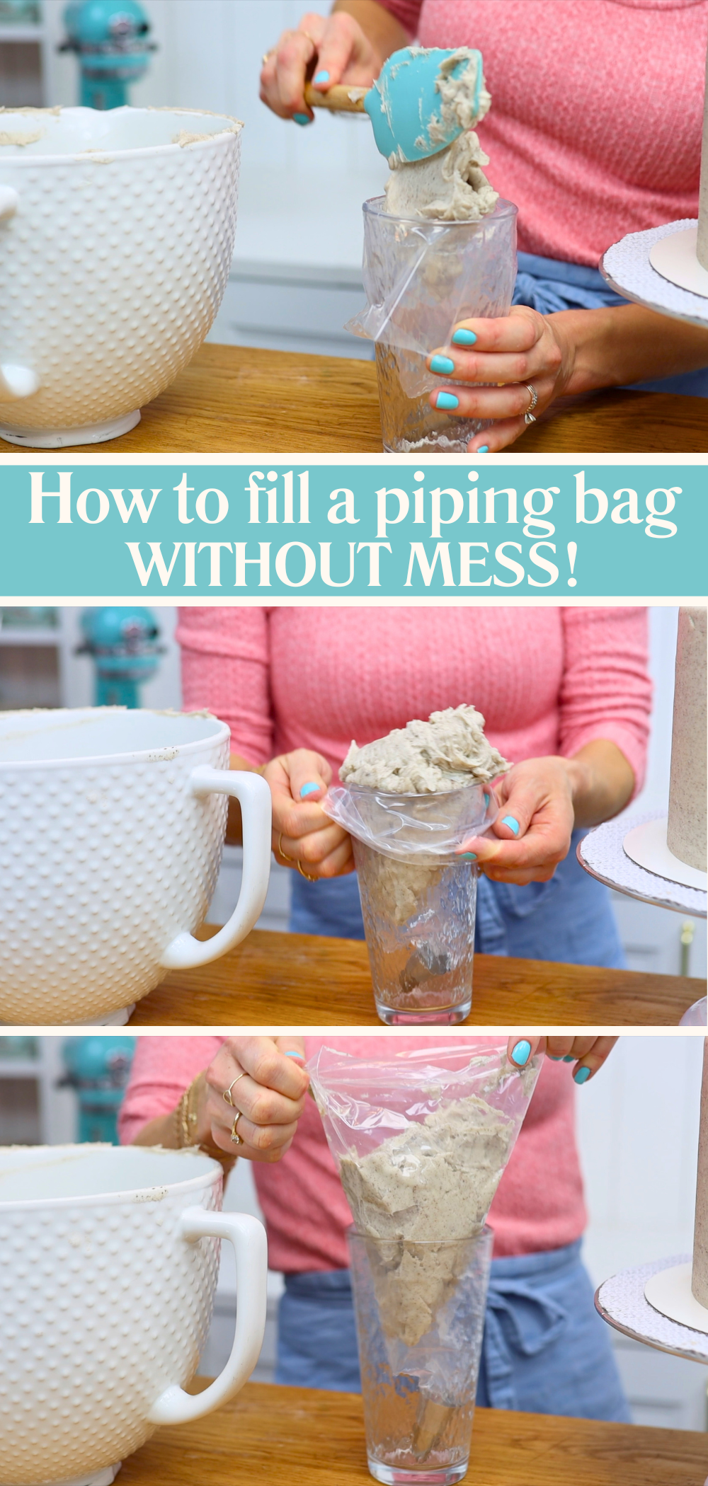 Filling a piping bag using a glass to hold it open