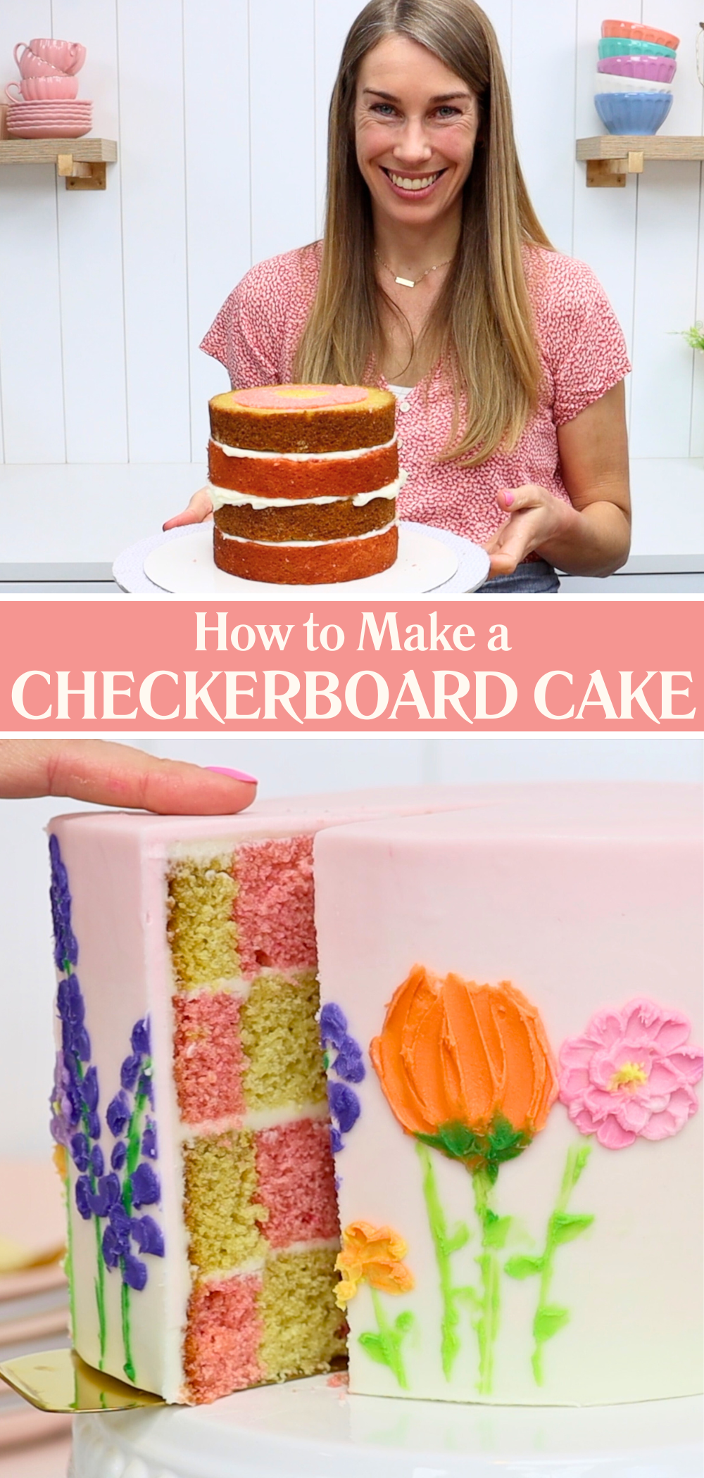 Assembled checkerboard cake with alternating colorful cake layers.