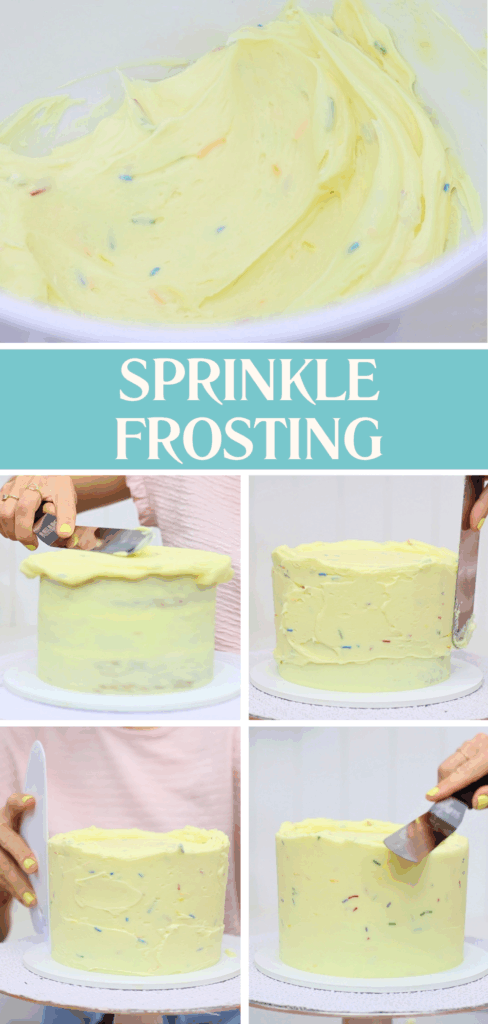 Cake frosted with buttercream mixed with colorful sprinkles for a fun look.
