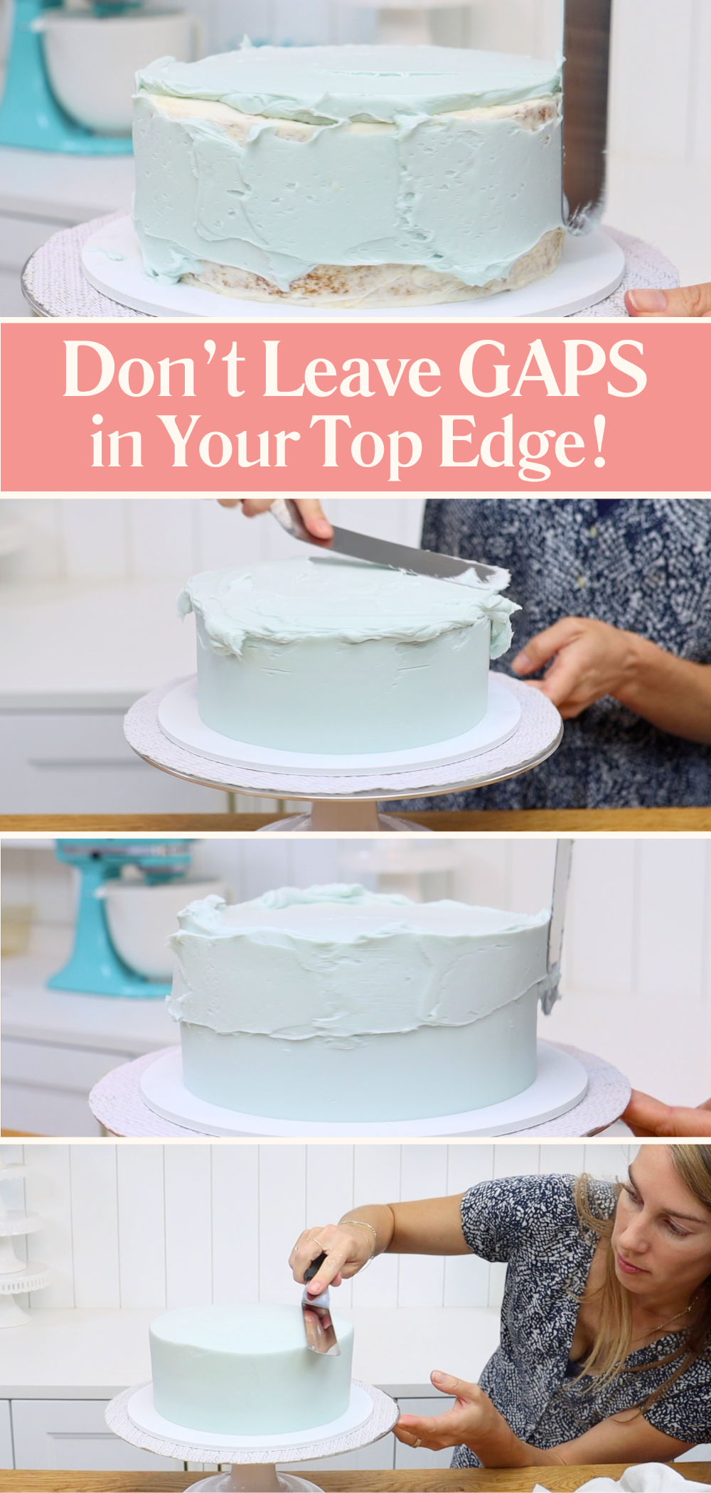 Buttercream spread above the top edge of a cake edge to prevent gaps in frosting