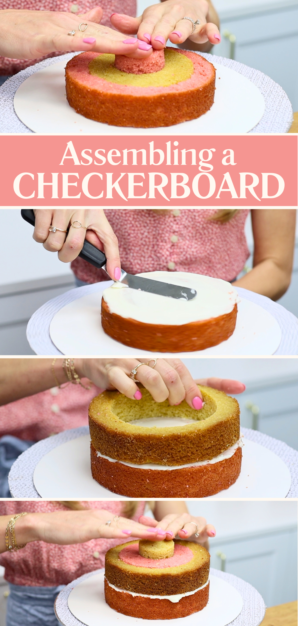 Step showing how to assemble a checkerboard cake with alternating rings of colorful cake layers for colorful cake ideas