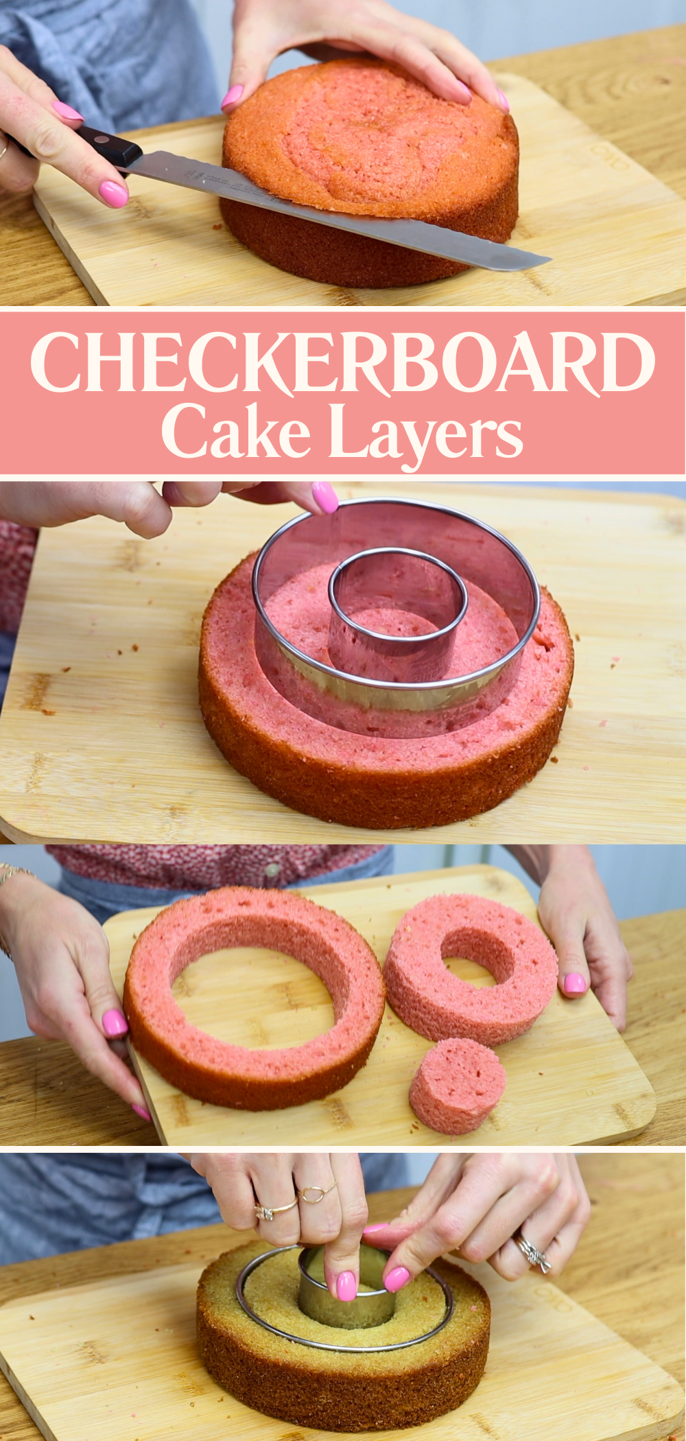 Leveled colorful cake layers prepared evenly for checkerboard cake