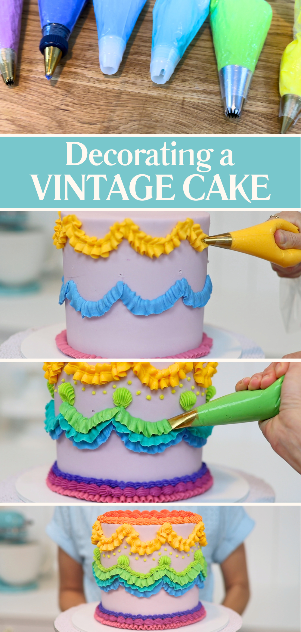 Cake decorated with layered textures using multiple piping bags, colorful buttercream, and different tips.