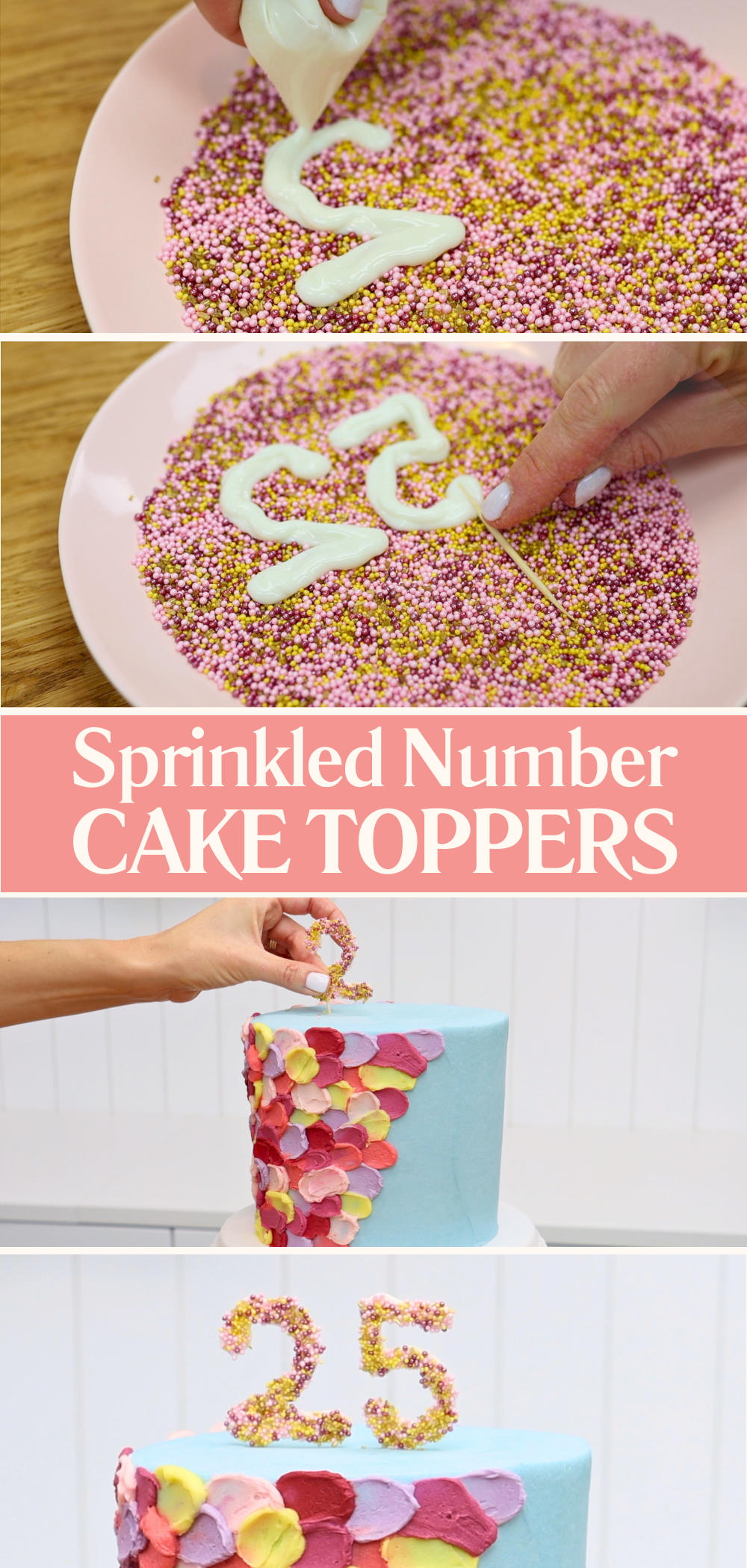 Drawing numbers in melted chocolate over colorful sprinkles, chilled with toothpick to make cake toppers.