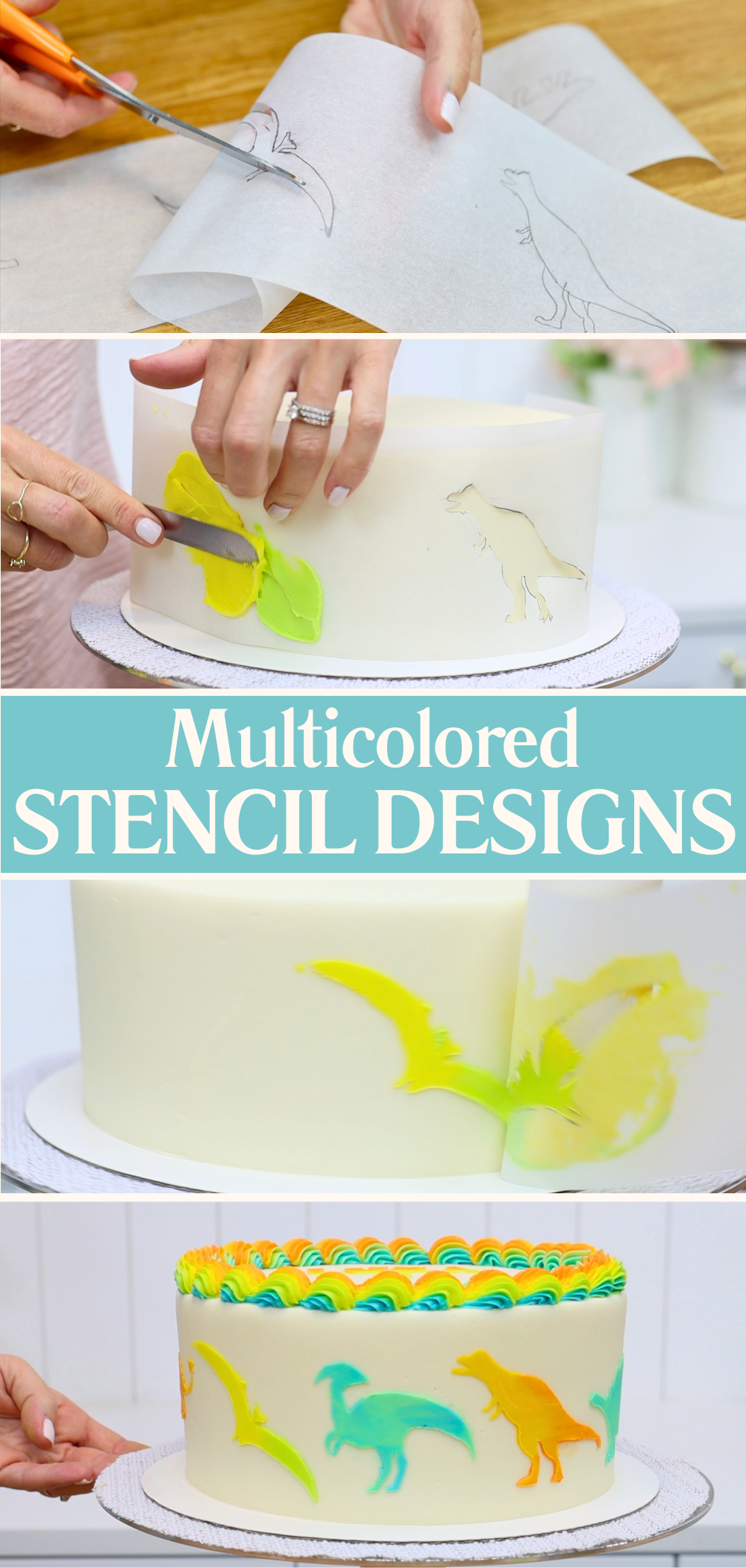 Homemade stencil with multiple colors of buttercream scraped to leave multicolored design on cake.