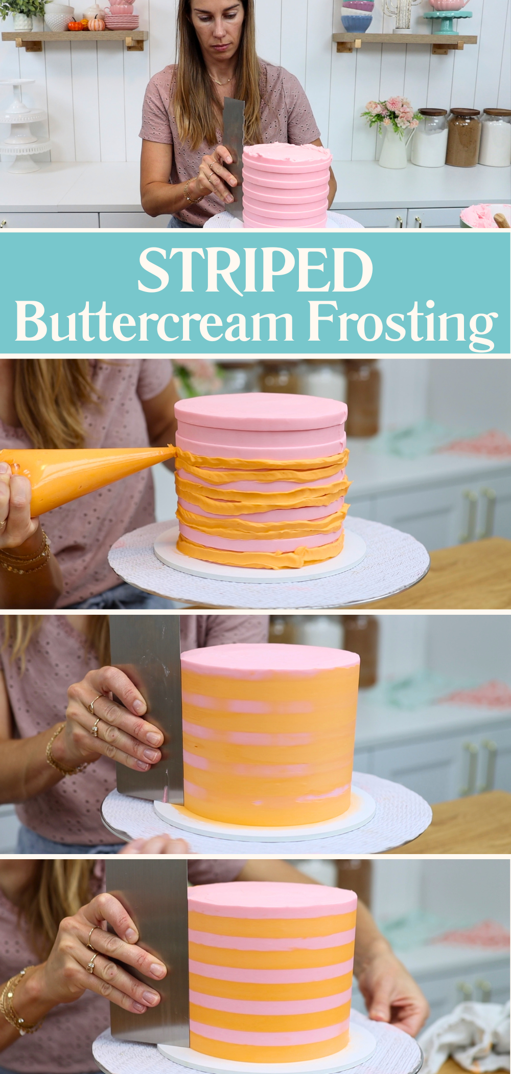 Cake decorated with striped buttercream using a striped cake comb