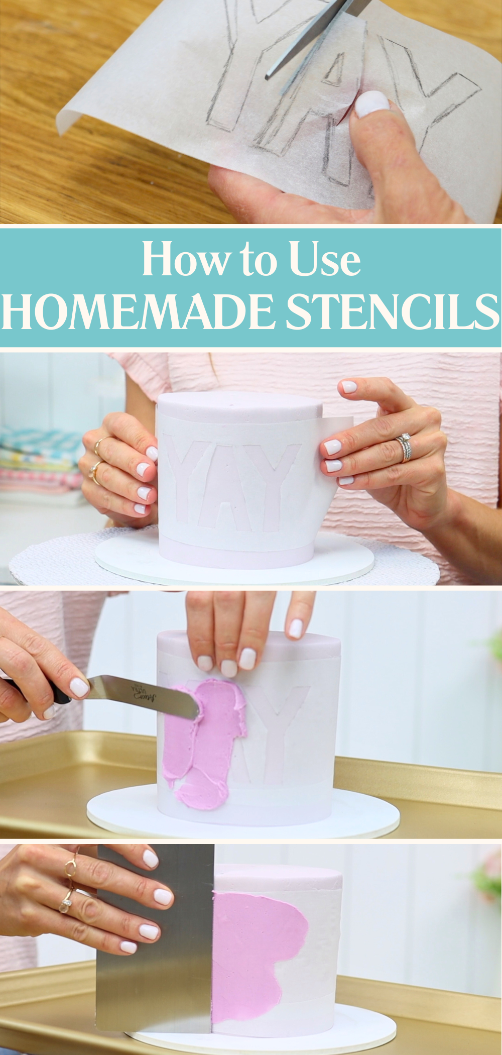 Wrapping parchment stencil around cake, spreading buttercream, and pressing colorful sugar sprinkles for stencil design