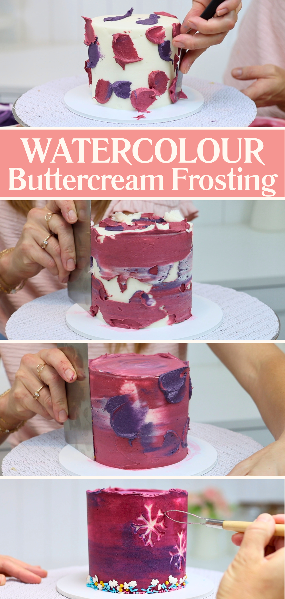 Watercolor cake with blobs of colorful buttercream smoothed with a scraper for blended frosting