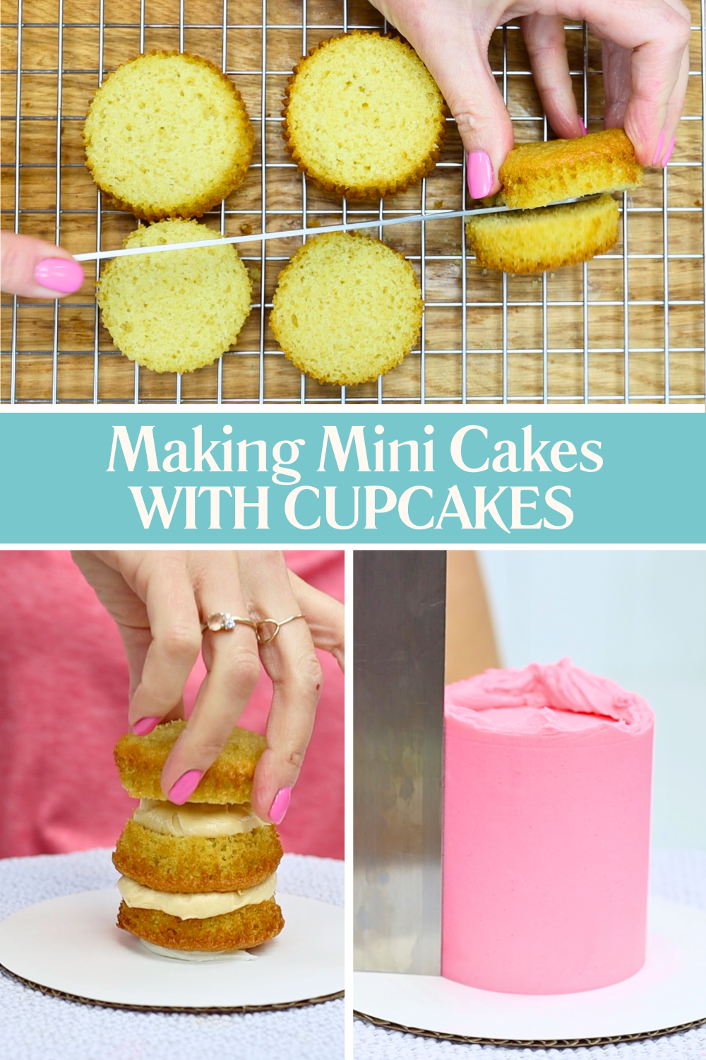Layered mini cakes made by cutting and stacking cupcakes, ready for any cake decorating skills you'd use on a larger cake