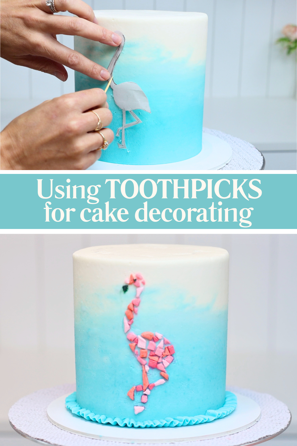 Filling a design on a cake with frozen buttercream tiles