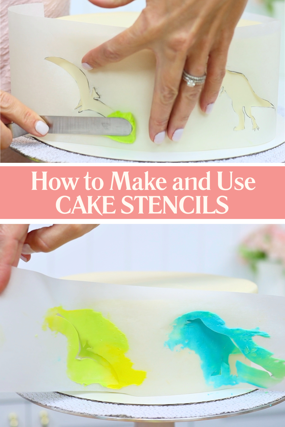 Buttercream spread over stencil wrapped around cake