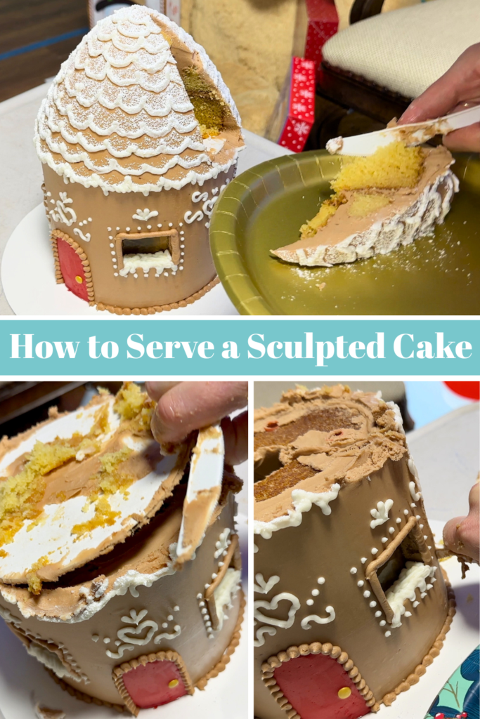 Slicing both tiers of a tall gingerbread house cake for serving