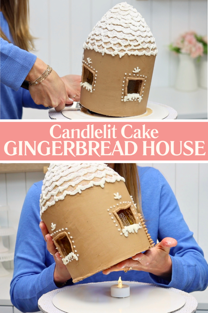 Lowering the cake over a battery-powered light to illuminate the gingerbread house windows