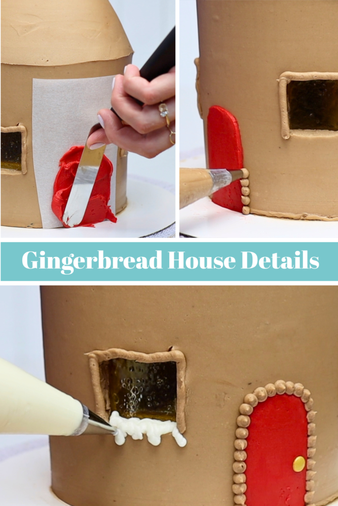 Adding decorative buttercream details to the cake gingerbread house
