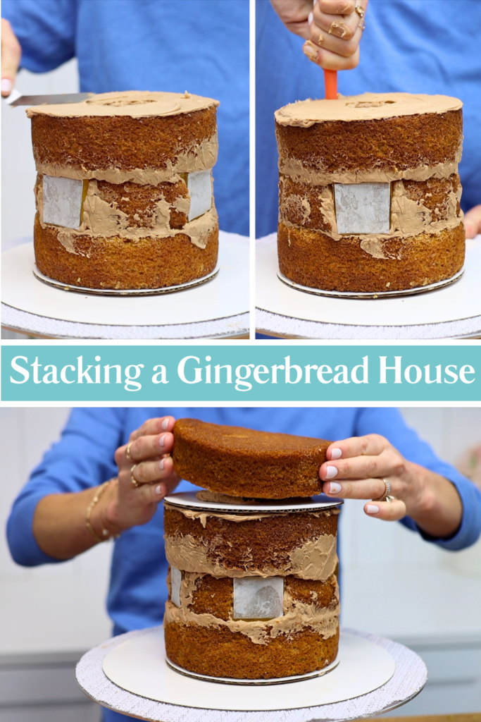 Inserting dowels into the cake gingerbread house to support the roof layer