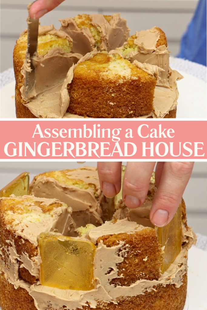 Assembling the cake gingerbread house and fitting edible glass windows into the sides