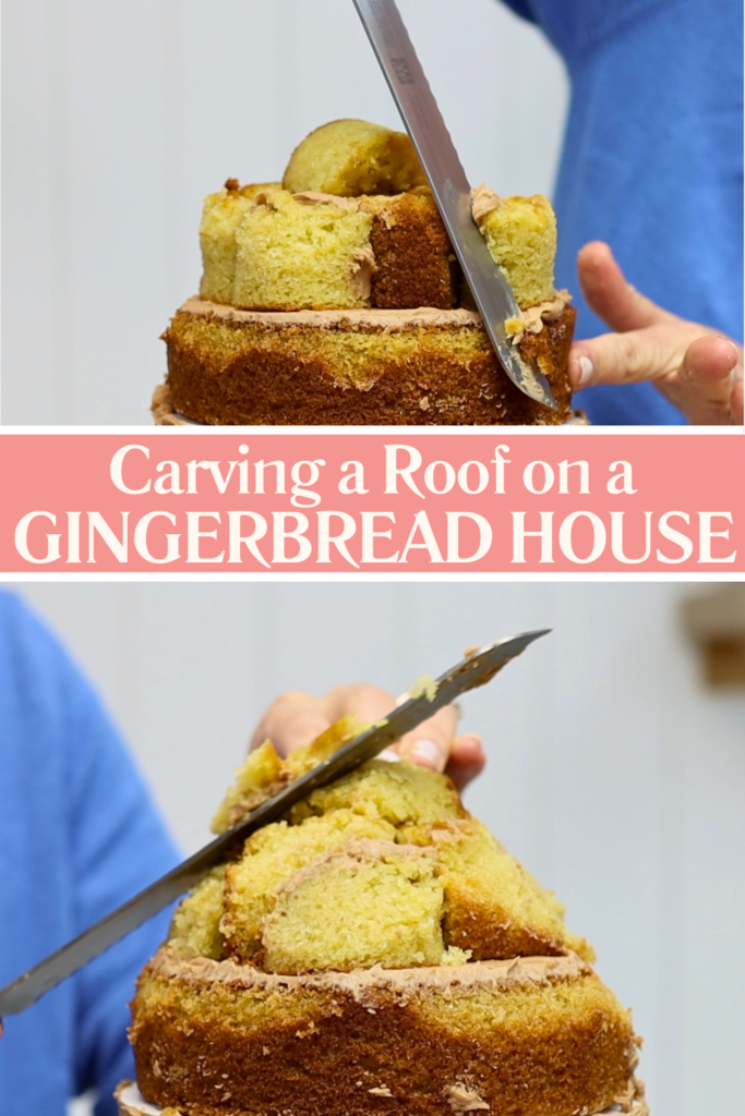 Carving cake pieces into a cone-shaped roof for a gingerbread house cake.