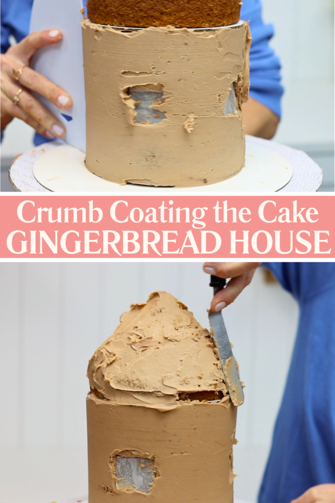 Applying a chocolate buttercream crumb coat to the cake.