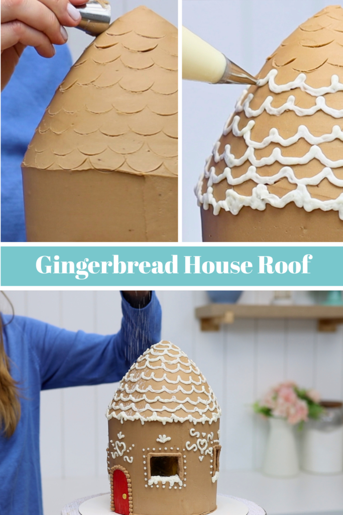 Adding scallop tiles and snow onto the roof of the gingerbread house cake
