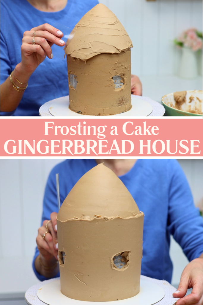 Smoothing buttercream frosting over the gingerbread house cake