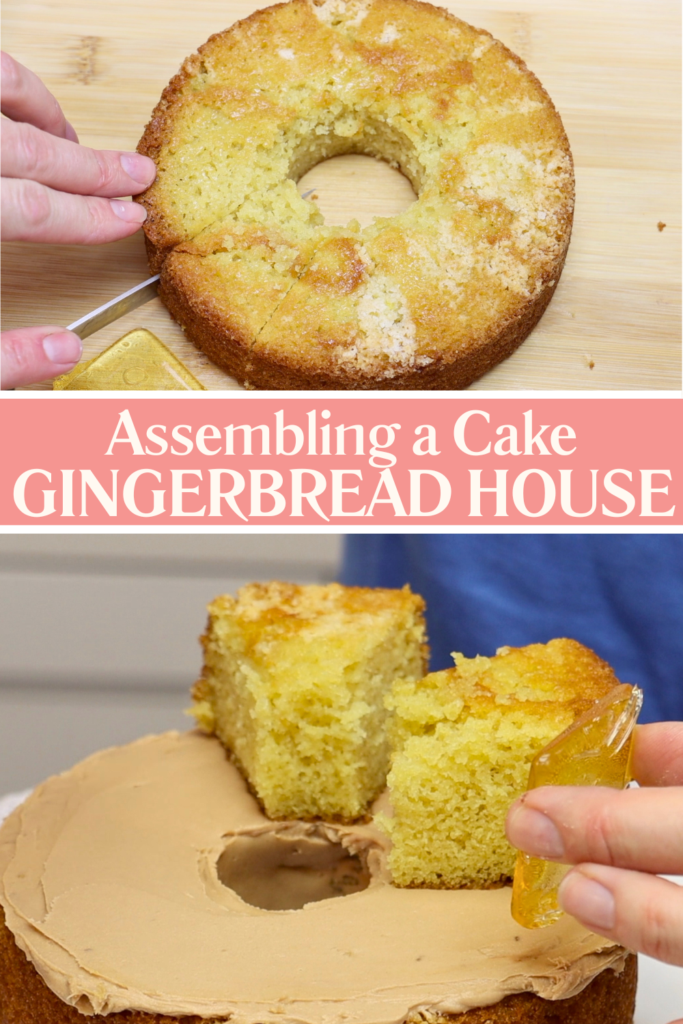 Stacking cake layers to form the walls of a cake gingerbread house